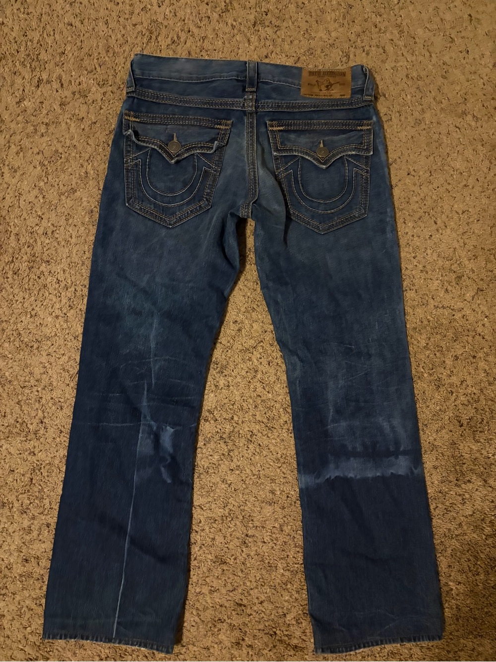 True Religion Men's Dark Blue Straight Leg Jeans with Signature Back Pockets